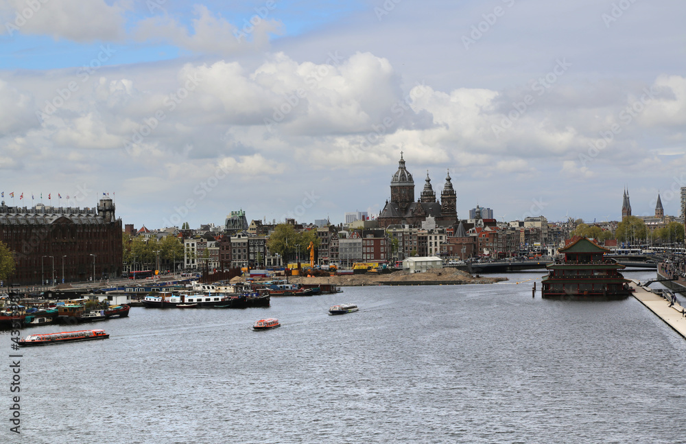 View of the city of Amsterdam with its water canals