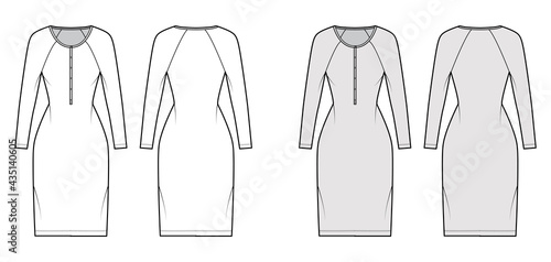 Dress henley collar technical fashion illustration with long raglan sleeves, fitted body, knee length pencil skirt. Flat apparel front, back, white, grey color style. Women, men unisex CAD mockup