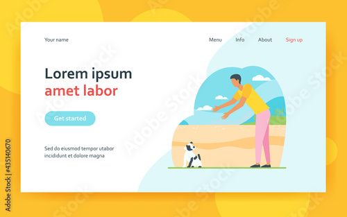 Man walking with dog outdoors. Guy reaching hands for picking puppy from ground flat vector illustration. Animal care, pet adoption concept for banner, website design or landing web page