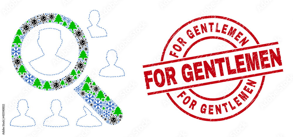 Winter Covid collage search users, and unclean For Gentlemen red round badge. Collage search users is made from Covid, green tree, and snow flake icons. Winter Covid collage search users, and unclean For Gentlemen red round badge. Collage search users is made from Covid, green tree, and snow flake icons.