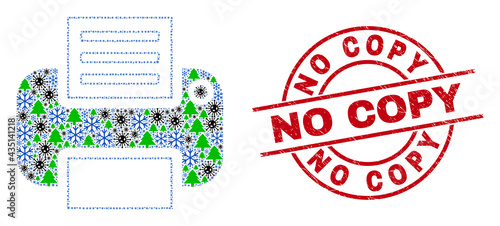 Winter pandemic collage printer, and scratched No Copy red round seal. Collage printer is composed of Corona virus, forest, and snow flake symbols. Red No Copy imprint uses circles and lines.