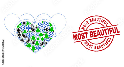 Winter coronavirus collage love hearts, and scratched Most Beautiful red round stamp seal. Collage love hearts is done of coronavirus, green tree, and snowflake items.