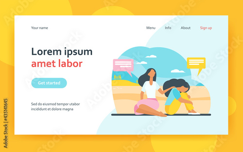 Friend talking and consoling sad woman. Nature, speech bubble, support flat vector illustration. Depression and melancholy concept for banner, website design or landing web page