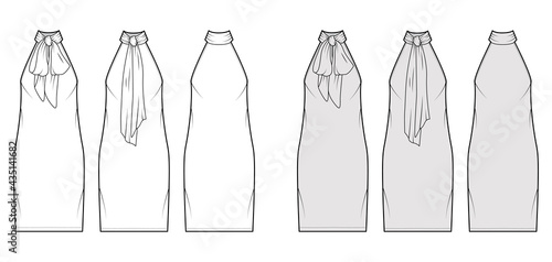 Dress neck bow technical fashion illustration with high halter neckline, sleeveless, oversized body, knee length pencil skirt. Flat apparel front, back, white, grey color style. Women, men CAD mockup