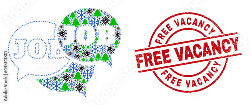 Winter Covid-2019 combination job forum messages  and unclean Free Vacancy red round stamp print. Collage job forum messages is designed from Covid-2019 virus  fir-tree  and ice crystal symbols.