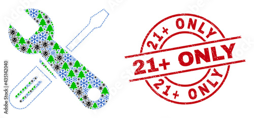 Winter Covid composition repair tools, and textured 21+ Only red round watermark. Collage repair tools is formed of Covid-2019 virus, green tree, and snowflake icons.