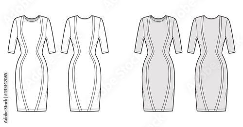 Dress panel technical fashion illustration with hourglass silhouette, elbow sleeve, fitted body, knee length pencil skirt. Flat apparel front, back, white, grey color. Women, men unisex CAD mockup