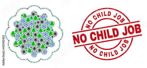 Winter viral collage inner gear, and dirty No Child Job red round stamp print. Collage inner gear is formed of Covid, green tree, and snowflake symbols.