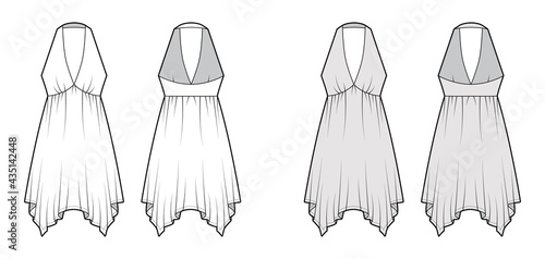 Dress handkerchief hem chemise technical fashion illustration with sleeveless, empire seam halter neckline, circular skirt. Flat apparel front, back, white, grey color style. Women unisex CAD mockup