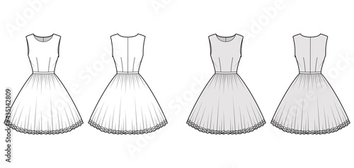 Dress tutu technical fashion illustration with sleeveless, fitted body, knee length circular skirt. Flat ballet apparel front, back, white, grey color style. Women, men unisex CAD mockup