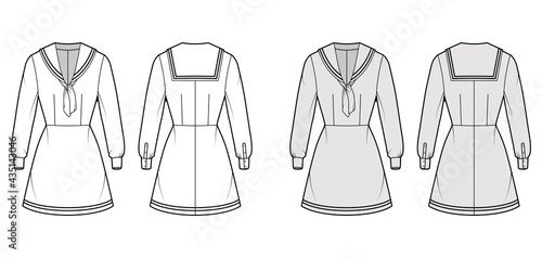 Dress sailor technical fashion illustration with long sleeve with cuff, fitted body, middy collar, stripes, mini length. Flat apparel front, back, white, grey color style. Women, men unisex CAD mockup