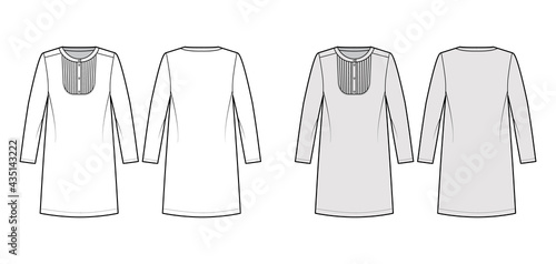 Dress bib pintucked technical fashion illustration with long sleeve, oversized body, henley neckline, knee length pencil skirt. Flat apparel front, back, white, grey color style. Women, men unisex CAD
