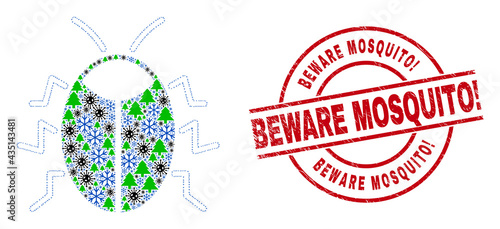 Winter Covid collage bug, and unclean Beware Mosquito! red round stamp imitation. Collage bug is formed from Covid-2019 virus, fir tree, and ice crystal icons.