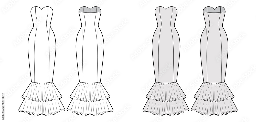 Dress mermaid technical fashion illustration with strapless sweetheart neckline, fitted body, circular skirt. Flat evening apparel front, back, white, grey color style. Women, men unisex CAD mockup Dress mermaid technical fashion illustration with strapless sweetheart neckline, fitted body, circular skirt. Flat evening apparel front, back, white, grey color style. Women, men unisex CAD mockup