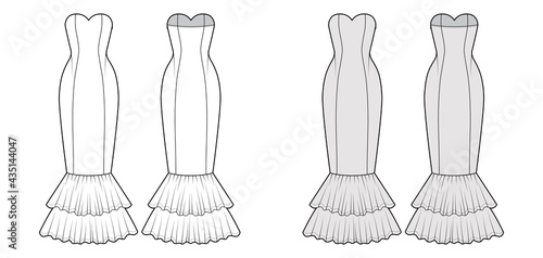 Dress mermaid technical fashion illustration with strapless sweetheart neckline, fitted body, circular skirt. Flat evening apparel front, back, white, grey color style. Women, men unisex CAD mockup