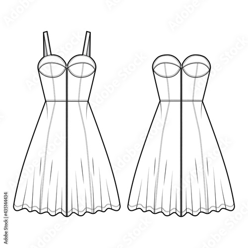 Set of dresses bustier denim Zip-up technical fashion illustration with sleeveless, strapless, fitted body, knee length full skirt. Flat apparel front, white color style. Women, men unisex CAD mockup