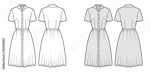 Dress shirt technical fashion illustration with short sleeves, camp collar, fitted body, knee length full skirt, button closure. Flat apparel front, back, white, grey color style. Women men unisex CAD