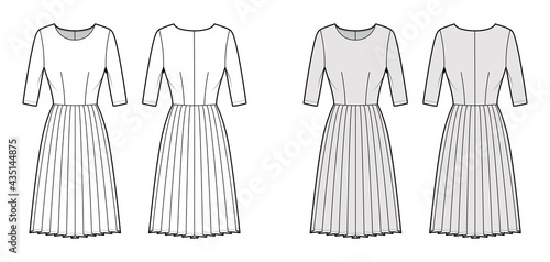 Dress pleated technical fashion illustration with elbow sleeves, fitted body, knee length skirt. Flat apparel front, back, white, grey color style. Women, men unisex CAD mockup