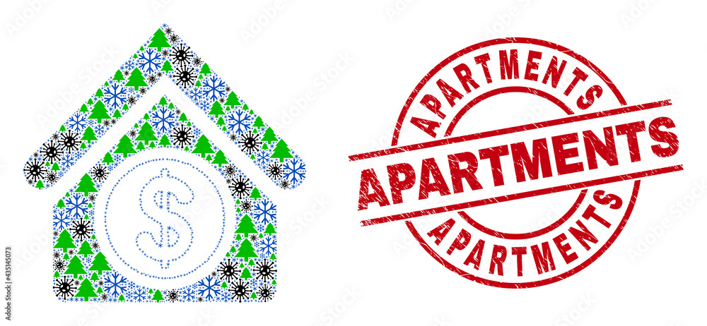 Obraz premium Winter Covid collage commercial building, and Apartments red round stamp seal. Collage commercial building is formed from Covid-2019, forest, and snow flake items.