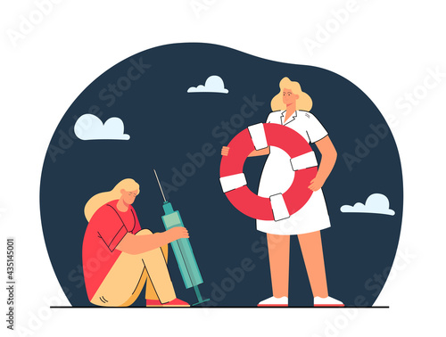 Doctor saving addicted girl. Flat vector illustration. .Cartoon woman in white coat holding lifebuoy next to addicted girl holding a huge syringe. Addiction, medicine, help, trouble, disease concept
