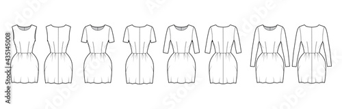 Set of Dresses bell technical fashion illustration with long elbow short sleeve sleeveless, fitted body, mini length pencil skirt. Flat apparel front, back, white color style. Women, men CAD mockup