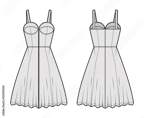 Zip-up dress denim bustier technical fashion illustration with sleeveless, fitted body, knee length A-line skirt. Flat apparel front, back, grey color style. Women, men unisex CAD mockup