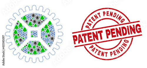 Winter Covid-2019 collage clock gear, and dirty Patent Pending red round stamp. Collage clock gear is done with infection, fir tree, and ice crystal icons.