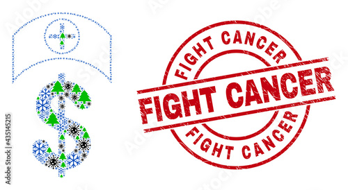 Winter coronavirus mosaic medicine price, and unclean Fight Cancer red round stamp seal. Collage medicine price is designed from infection, fir tree, and snow symbols.