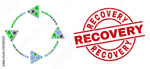 Winter viral collage CCW circulation arrows, and rubber Recovery red round seal. Mosaic CCW circulation arrows is composed with viral, forest, and snow symbols.