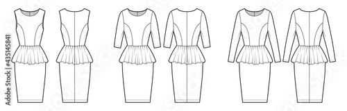 Set of dresses peplum technical fashion illustration with long elbow sleeves, fitted body, knee length sheath skirt, round neck. Flat apparel front, back, white color style. Women, unisex CAD mockup