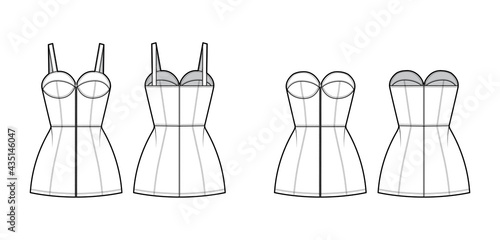 Set of dresses denim tube Zip-up technical fashion illustration with bustier, sleeveless, strapless, fitted body, mini length skirt. Flat apparel front, back, white color. Women, men unisex CAD mockup