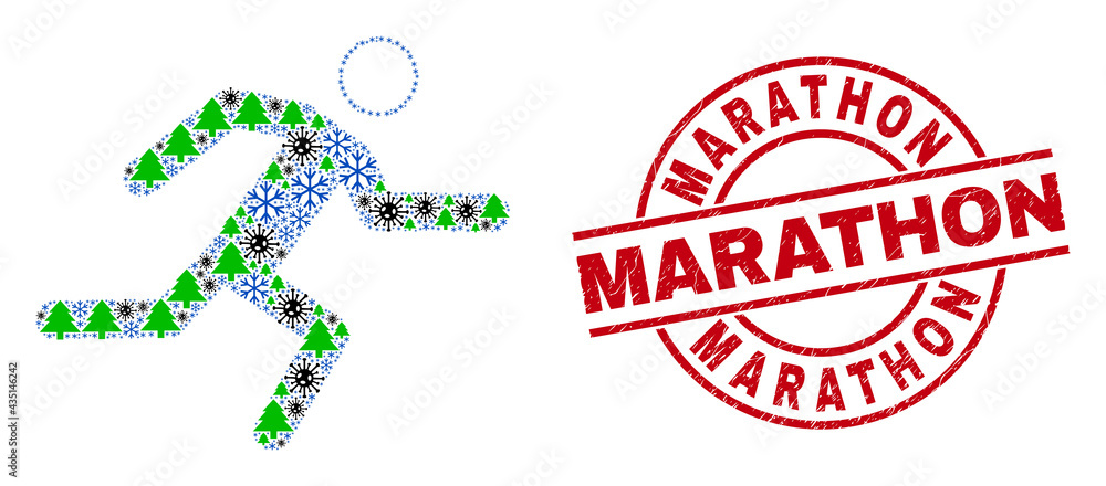 Winter viral collage running man, and distress Marathon red round stamp. Mosaic running man is designed from coronavirus, green tree, and snowflake icons. Red Marathon seal uses circles and lines. Winter viral collage running man, and distress Marathon red round stamp. Mosaic running man is designed from coronavirus, green tree, and snowflake icons. Red Marathon seal uses circles and lines.