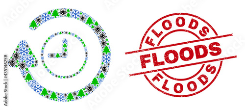 Winter Covid-2019 mosaic rotate clockwise, and Floods red round stamp. Mosaic rotate clockwise is formed from Corona virus, fir-tree, and frost icons. Red Floods stamp seal uses circles and lines.