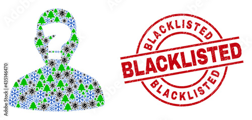 Winter viral collage unknown person, and grunge Blacklisted red round stamp. Collage unknown person is formed with SARS virus, fir-tree, and snow flake icons.