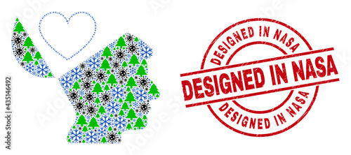 Winter coronavirus mosaic favourites open mind, and scratched Designed in NASA red round stamp seal. Mosaic favourites open mind is made of Covid-2019 virus, green tree, and snow symbols.