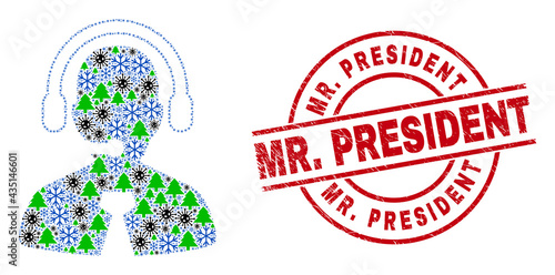 Winter Covid composition call center manager, and distress Mr. President red round stamp seal. Collage call center manager is composed with Covid-2019, green tree, and ice crystal symbols. Red Mr.