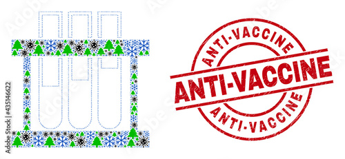 Winter Covid mosaic chemical test tubes, and grunge Anti-Vaccine red round stamp imitation. Mosaic chemical test tubes is created from Covid, fir-tree, and snow flake symbols.