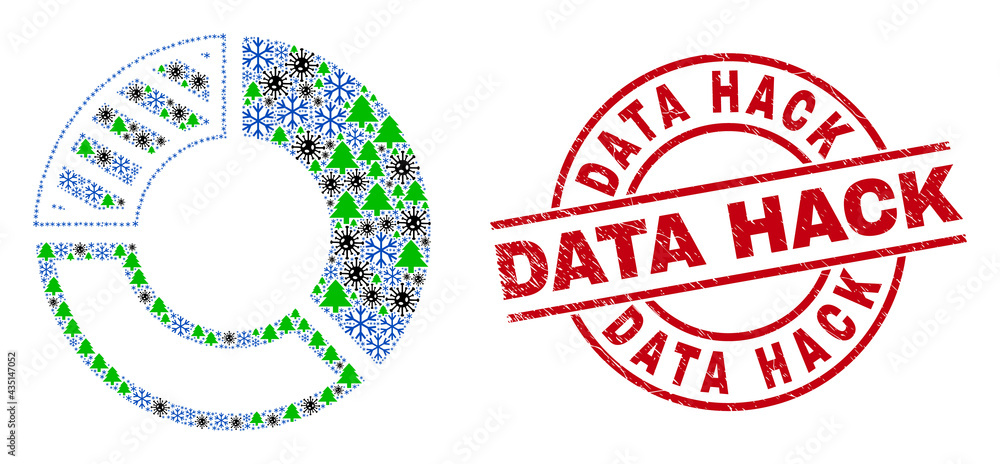 Winter Covid combination pie chart, and rubber Data Hack red round stamp seal. Collage pie chart is created with Covid, fir tree, and snowflake icons. Red Data Hack watermark uses circles and lines. Winter Covid combination pie chart, and rubber Data Hack red round stamp seal. Collage pie chart is created with Covid, fir tree, and snowflake icons. Red Data Hack watermark uses circles and lines.