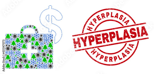 Winter Covid combination medical business case, and rubber Hyperplasia red round badge. Collage medical business case is designed from Covid-2019 virus, fir-tree, and ice crystal icons.