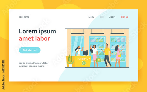 Customers and pharmacist in pharmacy store. People buying medication in drugstore. Flat vector illustration for service, treatment, pharmaceutics concept