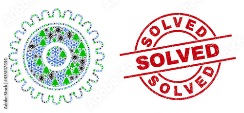 Winter coronavirus mosaic cog, and grunge Solved red round stamp seal. Mosaic cog is done with coronavirus, forest, and snow items. Red Solved stamp seal uses circles and lines.