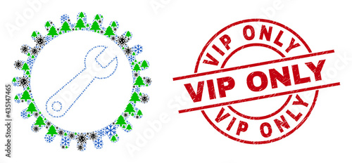 Winter viral mosaic repair wrench, and distress Vip Only red round stamp seal. Collage repair wrench is composed from Covid-2019 virus, fir-tree, and ice crystal symbols.
