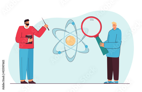 Student and teacher passionate about science. Flat vector illustration. Young man with giant magnifying glass, professor with pointer, atom model in background. Science, education, physics concept