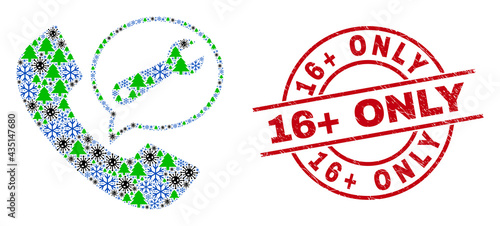 Winter Covid-2019 combination service phone call, and grunge 16+ Only red round stamp seal. Collage service phone call is constructed of coronavirus, forest, and ice crystal icons.