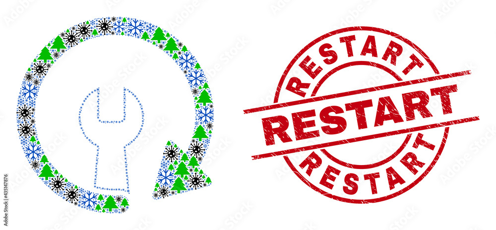 Winter pandemic combination update repair wrench, and Restart red round stamp seal. Mosaic update repair wrench is made with Covid-2019, forest, and frost items. Winter pandemic combination update repair wrench, and Restart red round stamp seal. Mosaic update repair wrench is made with Covid-2019, forest, and frost items.