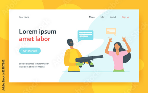 Criminal in mask aiming gun at scared victim. Woman raising arms and talking to offender flat vector illustration. Robbery, hostage taking concept for banner, website design or landing web page