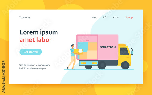Man carrying box with clothes to donation truck. Courier, volunteer, vehicle flat vector illustration. Volunteering, charity, aid concept for banner, website design or landing web page