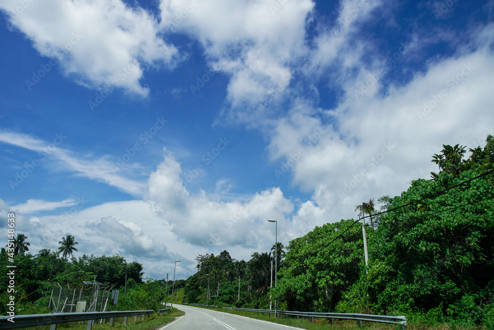 Country road meandering through a green forest and village area with a bright blue sky
