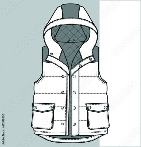 Hooded VEST drawing. Zip-up vest flat sketch for kids. Quilted puffy vest vector. Vest jacket template vector