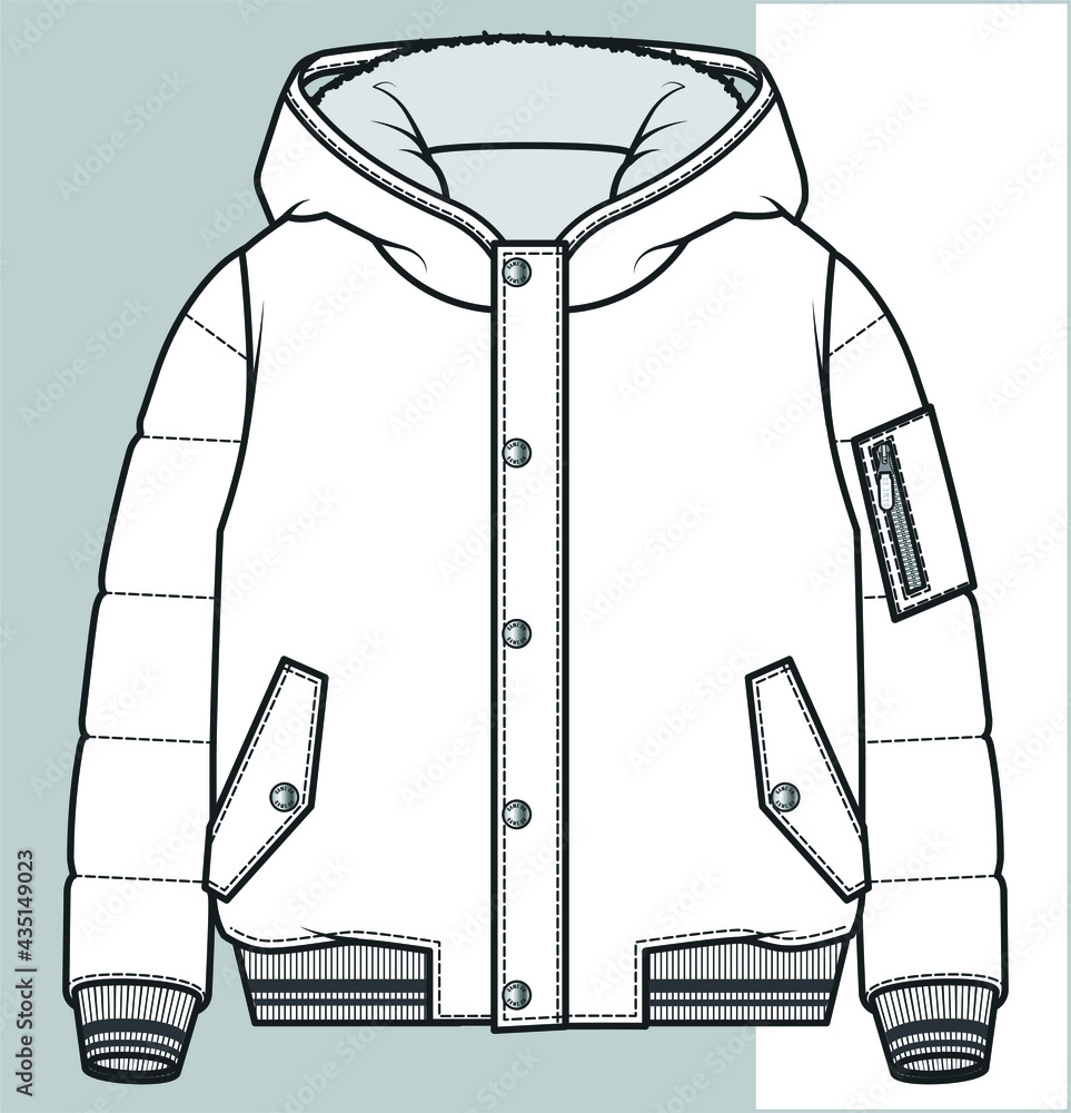COAT, Fashion flat sketch. Technical drawing APPAREL template. Hooded